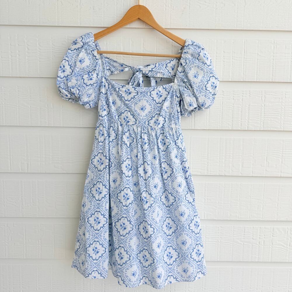 Antonio Melani Blue Floral Empire Waist Puff Sleeve Mini Dress Size 0